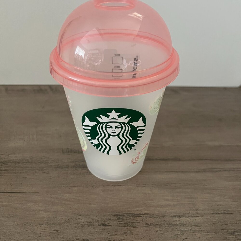 Starbucks Japan Pink Dome Lid Reusable Plastic Cold Cup - Marbled Hearts - Picture 7 of 8